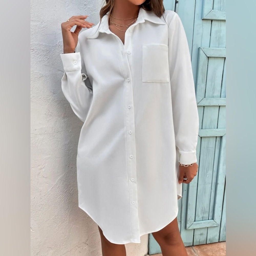 SHEIN Frenchy Patched Pocket Curved Hem Button Front Shirt Dress